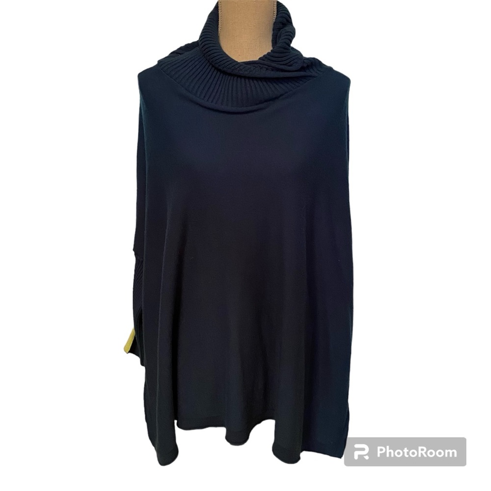 MERSEA SWEATER TURTLENECK FOLD DOWN SHAWL TEAL BLUE GREEN SIDE SLIT ONE SIZE OS
